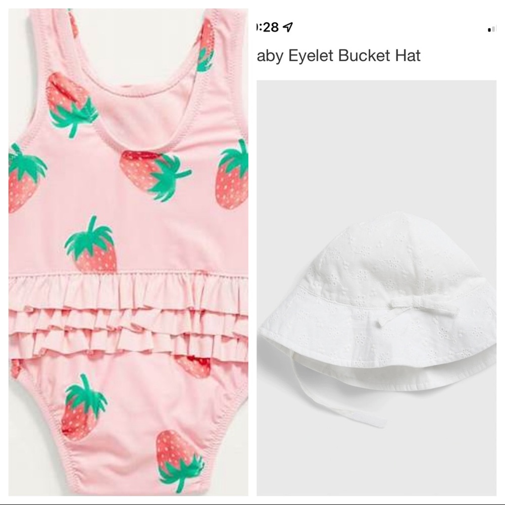 6-12mo bucket hat and strawberry ruffle swimsuit - new with tags